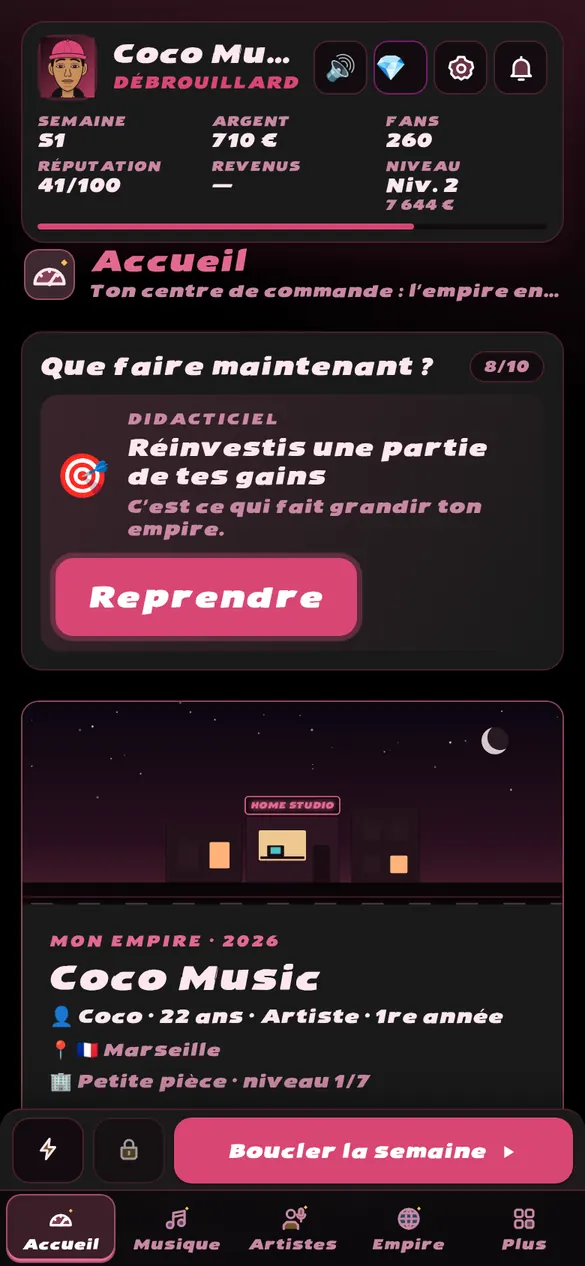 Écran d’accueil de Boss Empire : objectif du moment, façade du home studio et fiche du label.